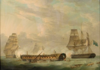 Actie op zee: een Franse fregat volledig ontmast, laat 18e eeuw door Robert Dodd