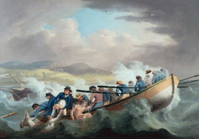 Overlevenden van een schipbreuk bij het eiland Wight gered door de bemanning van H.M.S. Juno door Robert Dodd