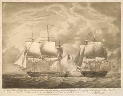 Aan Kapitein Phillimore, zijn Officieren, Matrozen en Mariniers, deze voorstelling van hun bekwame manoeuvre (door onder de Achtersteven van de Vijand door te varen toen hij verwachtte dat ze de weerstand zouden innemen) waardoor het Fregat EUROTAS van Zij door Robert Dodd