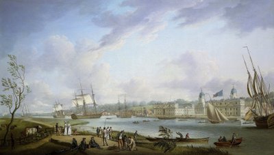 Uitzicht op Greenwich, beschrijving van de Theems en activiteiten op de oevers, evenals van de riviernavigatie, onderhevig aan het belang van de getijden. Olieverf op doek door Robert Dodd