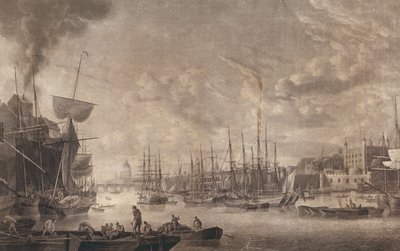 Uitzicht op London Bridge vanaf een boot aangemeerd bij de Tower of London door Robert Dodd