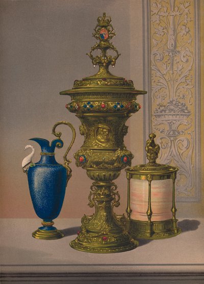 Zilveren vergulde en met juwelen versierde vaas, porseleinen vaas, sigarenkist, 1863 door Robert Dudley
