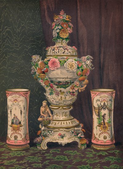 Vaas van Dresden porselein en paar porseleinen bekers, 1863 door Robert Dudley