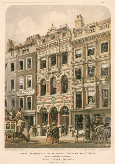 Gezicht op de kantoren van de Promoter Life Insurance Company met de aangrenzende gebouwen, Fleet Street, Londen (kleurenlitho) door Robert Dudley