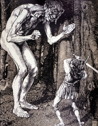 De ridder en de reus. Illustratie door Robert Engels (1856 - 1936). Duitse gravure. (Düsseldorf) door Robert Engels