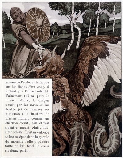 Tristan vecht met een draak - in De Roman van Tristan en Iseult door J. Bédier, geïllustreerd door Robert Engels, Kunsteditie, Parijs door Robert Engels