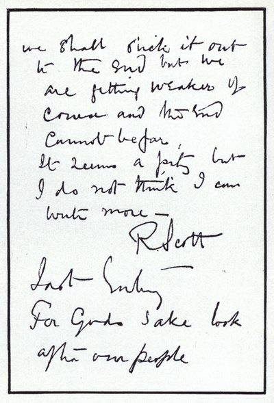 Laatste pagina van het dagboek van poolonderzoeker Robert Falcon Scott, leider van de noodlottige Britse expeditie naar de Zuidpool, 29 maart 1912 (litho) door Robert Falcon Scott