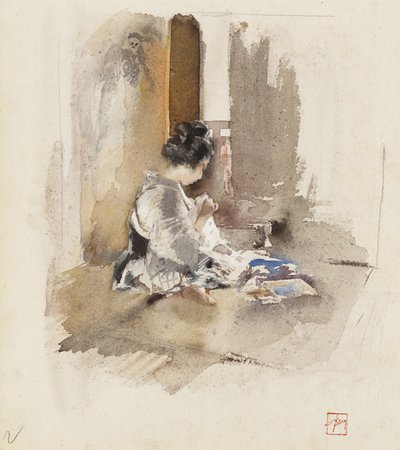 Japans meisje aan het naaien, 1890 door Robert Frederick Blum