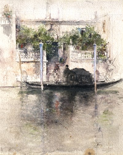 Dame die vanuit een palazzo in een gondel stapt door Robert Frederick Blum