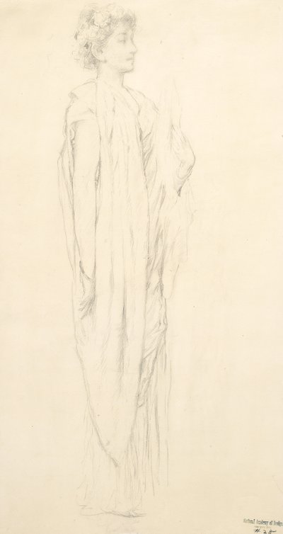 Studie van gedrapeerde vrouwelijke figuur voor Moods to Music muurschildering door Robert Frederick Blum
