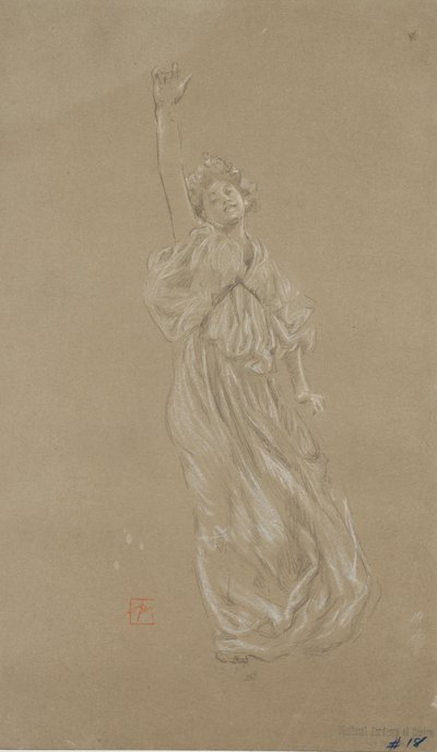 Studie van staande gedrapeerde vrouwelijke figuur voor Moods to Music muurschildering door Robert Frederick Blum