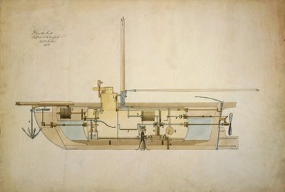 Originele tekening van de Nautilus, de eerste onderzeeboot, gepresenteerd door zijn uitvinder Robert Fulton (1765-1815) aan de Amerikaanse Senaat in 1806. door Robert Fulton