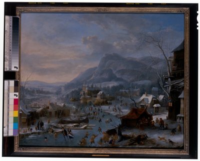 Winter: Een bevroren winterlandschap met boeren door Robert Griffier
