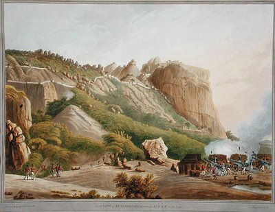 Noordelijk Uitzicht op Sewandroog met de Aanval in december 1791, illustratie uit Twelve Views of Mysore, the Country of Tipoo Sultan gegraveerd en ingekleurd door J.W. Edy, uitgegeven 1804 door Robert H. (after) Colebrooke