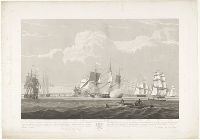Vertrek van twaalf Nederlandse koopvaardijschepen uit de haven van Portsmouth, 1833 (plaat 3) door Robert Havell (II)