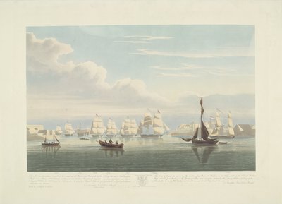 Vertrek van twaalf Nederlandse koopvaardijschepen uit de haven van Portsmouth, 1833 (plaat 1) door Robert Havell (II)
