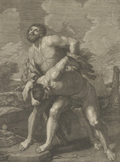 Hercules die een leeuwenhuid draagt en vecht met Achelous, een landschap op de achtergrond, ca. 1713-72 door Robert Hecquet