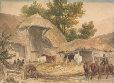 Boerenerf met Wachtende Paarden door Robert Hills