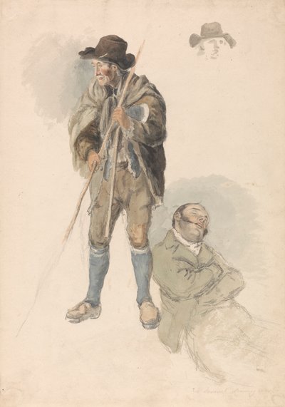 Figurenstudies: een boer, meneer Samuel, de tekenleraar liggend en doezelend, en een schets van een man met een hoed door Robert Hills
