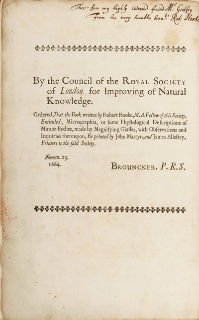 Gesigneerde pagina uit "Micrographia: of Enkele Fysiologische Beschrijvingen van Kleine Lichamen Gemaakt door Vergrootglazen", 1665 door Robert Hooke
