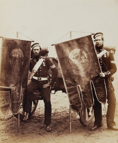 Compagnie Sergeant Christy en Sergeant McGifford, Koninklijke Artillerie, 1856 (sepia foto) door Robert Howlett