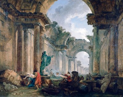 Denkbeeldig uitzicht op de Grote Galerie van het Louvre in ruïnes door Robert Hubert
