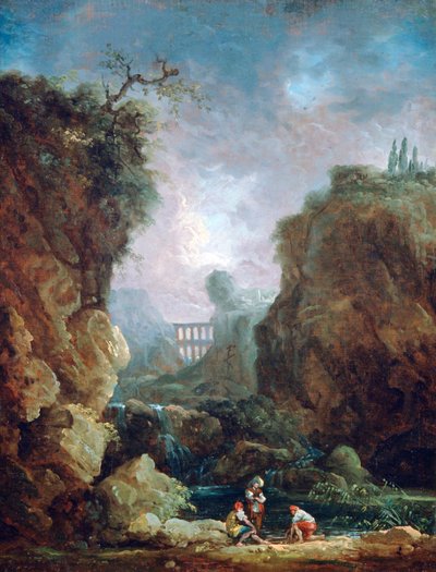 Landschap met waterval en aquaduct, ca. 1750-1808 door Robert Hubert