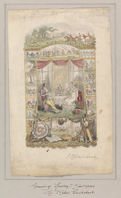 Ontwerp voor de frontispice van de Annals of Sporting and Fancy Gazette, Volume 1 door Robert Isaac Cruikshank