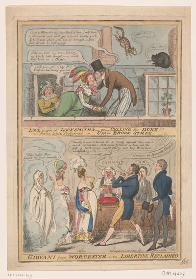 Spotprent over het huwelijk van de markies van Worcester en Anne Francis Culling Smith, 1822 door Robert Isaac Cruikshank
