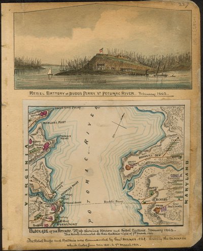 Blokkade van de Potomac. Kaart met de batterijen van de Unie en de rebellen in januari 1862. De rebellen ontruimden al hun batterijen in de nacht van 4 maart 1862. LOC gvhs01.vhs00066 door Robert Knox Sneden