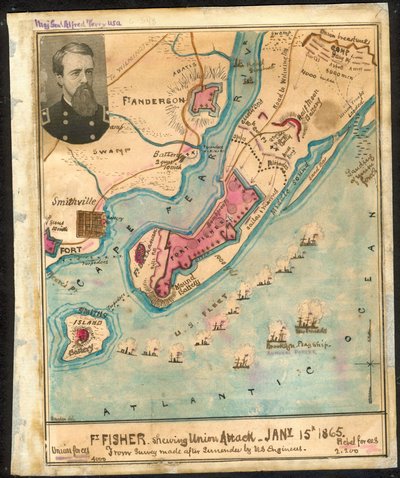 Ft. Fisher shewing (sic) Union attack, 15 januari 1865 Van overzicht gemaakt na overgave door U.S. Engineers. LOC gvhs01.vhs00185 door Robert Knox Sneden