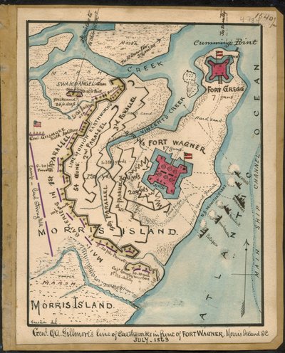 De verdedigingslinie van generaal Q. A. Gillmore voor Fort Wagner, Morris Island, S.C., juli 1863 LOC gvhs01.vhs00152 door Robert Knox Sneden