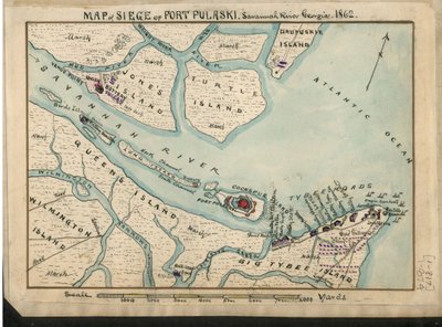 Kaart van de belegering van Fort Pulaski - Savannah River Georgia. 1862. LOC gvhs01.vhs00085 door Robert Knox Sneden