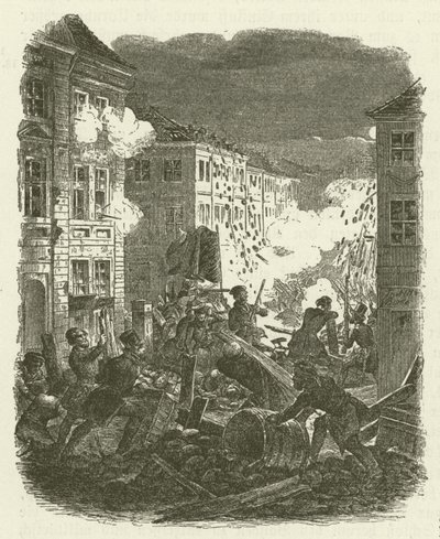 Vechtpartij bij een barricade buiten het Kolln Stadhuis in Berlijn in de nacht van 18-19 maart 1848 door Robert Kretschmer