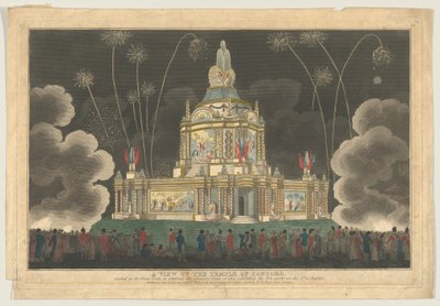 Een uitzicht op de Tempel van Concord opgericht in het Green Park, om de G... te vieren, 9 september 1814 door Robert Laurie