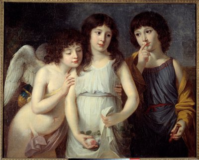 De kinderen van mevrouw Langlois. Een engel begeleidt de twee kinderen. Elk van hen houdt een object vast dat hun geslacht symboliseert: een roos voor het meisje en een zegel op een mouw voor de jongen. Schilderij door Robert Lefevre (1755-1830) door Robert Lefevre