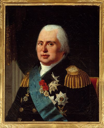 Portret van Lodewijk XVIII (1755-1824), koning van Frankrijk, in militair uniform met het Legioen van Eer en het lint van de Orde van de Heilige Geest. Schilderij door Robert Lefebvre (1755-1830) 1814 Parijs, musee Carnavalet door Robert Lefevre