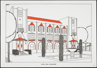 Hôtel des voyageurs, uit Une Cite Moderne, Dessins de Rob Mallet-Stevens Architecte, 1987 door Robert Mallet Stevens