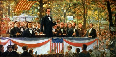 Abraham Lincoln en Stephen A. Douglas debatteren in Charleston, Illinois op 18 september 1858, 1918 door Robert Marshall Root