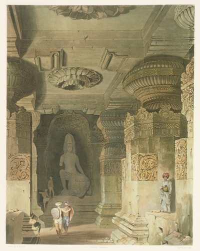 Interieur van de Grot Tempel van Indra Subba in Ellora, uit Volume II van Scenery, Costumes and Architecture of India door Robert Melville Grindlay