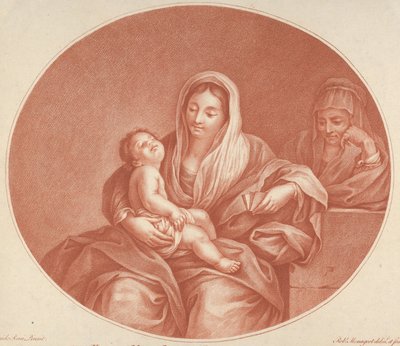 De Maagd zittend met het slapende Christuskind op haar schoot, Sint-Elizabeth rechts door Robert Menageot