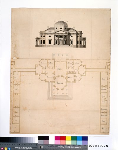 Monticello: 2e versie (plan en westelijke elevatie) door Robert Mills