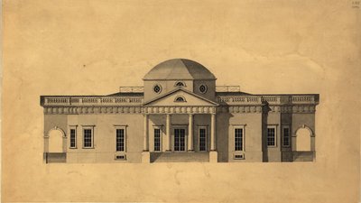 Monticello: 2e versie westelijke gevel, recto, 1803 pen & inkt met wc op papier door Robert Mills