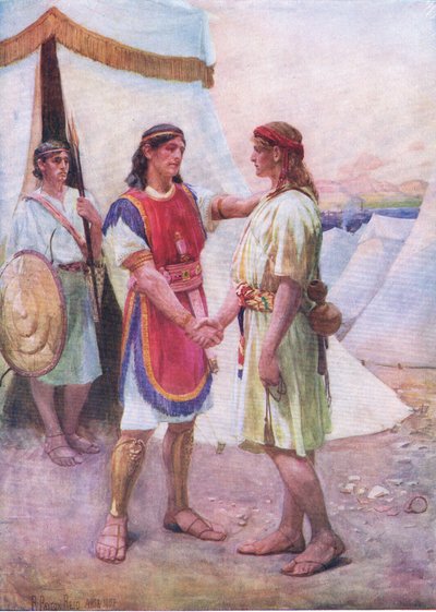 David en Jonathan, uit Het Bijbel Prentenboek uitgegeven door Thomas Nelson, c.1950 door Robert Payton Reid
