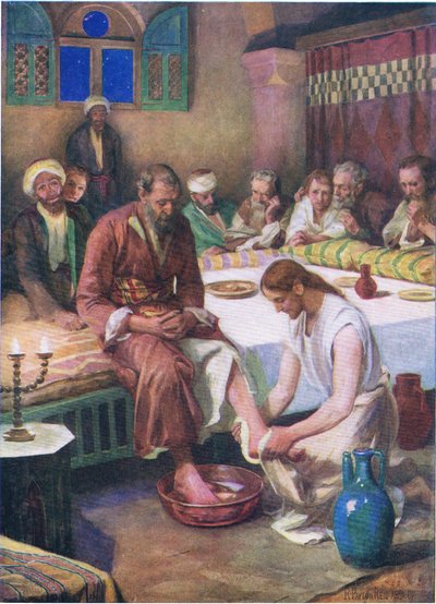 Jezus wast de voeten van de discipelen, uit Het Bijbel Prentenboek gepubliceerd door Thomas Nelson, ca.1950 door Robert Payton Reid