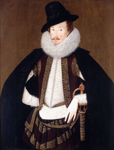 Portret van Sir Charles Cornwallis, in een met bont afgewerkte zwarte mantel, wit vest en bruine, goudgeborduurde jas door Robert Peake