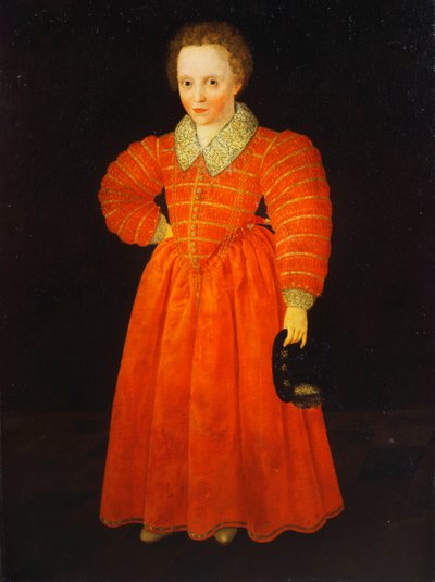Portret van een Kleine Jongen, staand in Volledige Lengte, een Rode Jurk dragend met een Witte Kant Kraag, een Zwarte Hoed Vasthoudend door Robert Peake