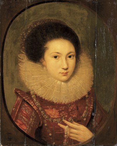 Portret van een meisje, buste-lengte, in een scharlaken geborduurde jurk en kanten kraag door Robert Peake