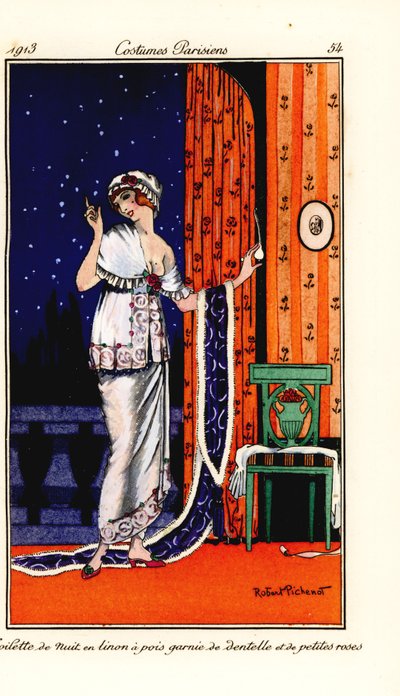 Vrouw in avondjurk van polka-dot linnen versierd met kant en rozen. Toilette de nuit en linon a pois garnie de dentelle et de petites roses. Handgekleurde pochoir ets naar een illustratie van Robert Pichenot uit Tommaso Antongini