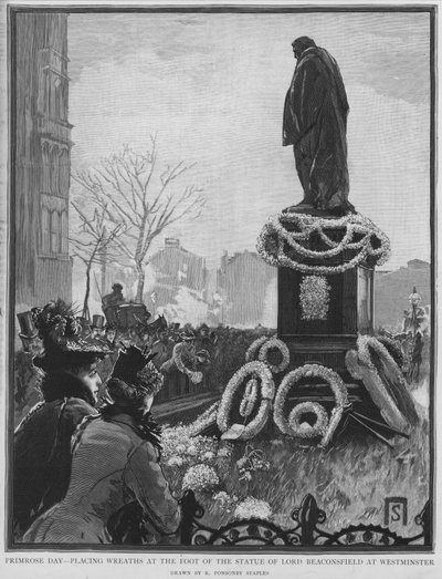 Kransen leggen aan de voet van het standbeeld van de Engelse staatsman Benjamin Disraeli op Primrose Day, de verjaardag van zijn dood, Westminster, Londen door Robert Ponsonby (after) Staples